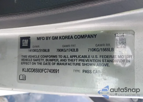 2015 Chevrolet Spark 1Lt Cvt from USA, damaged, VIN KL8CD6S93FC740691